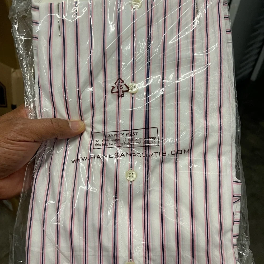 Hawes and Curtis Pink/Navy stripe dress shirt Sz 15.5 - Picture 5 of 7
